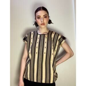 Vintage Huipil Blouse Top ~ Striped & Embroidered Neutrals Black & Tan ~ Sz S M